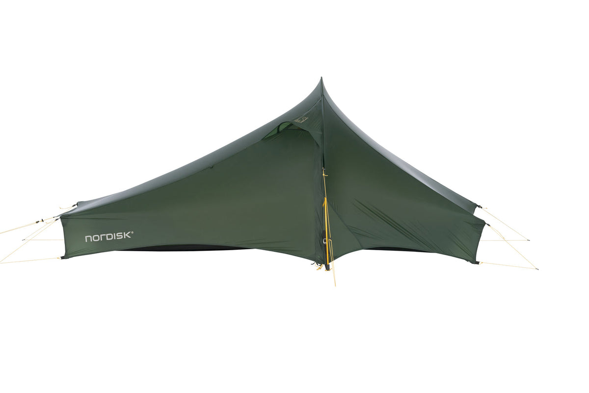 Green tent with 'nordisk' branding on a white background